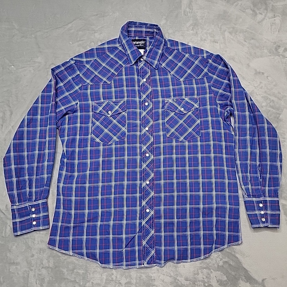 Wrangler Shirt Mens Large Blue Western Plaid Pearl Snap Long Sleeve Cowboy